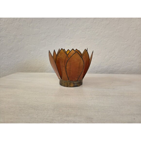 Vintage Capiz Shell Lotus Flower Burnt Orange with Brass Accent Candle Holder - Picture 10 of 12